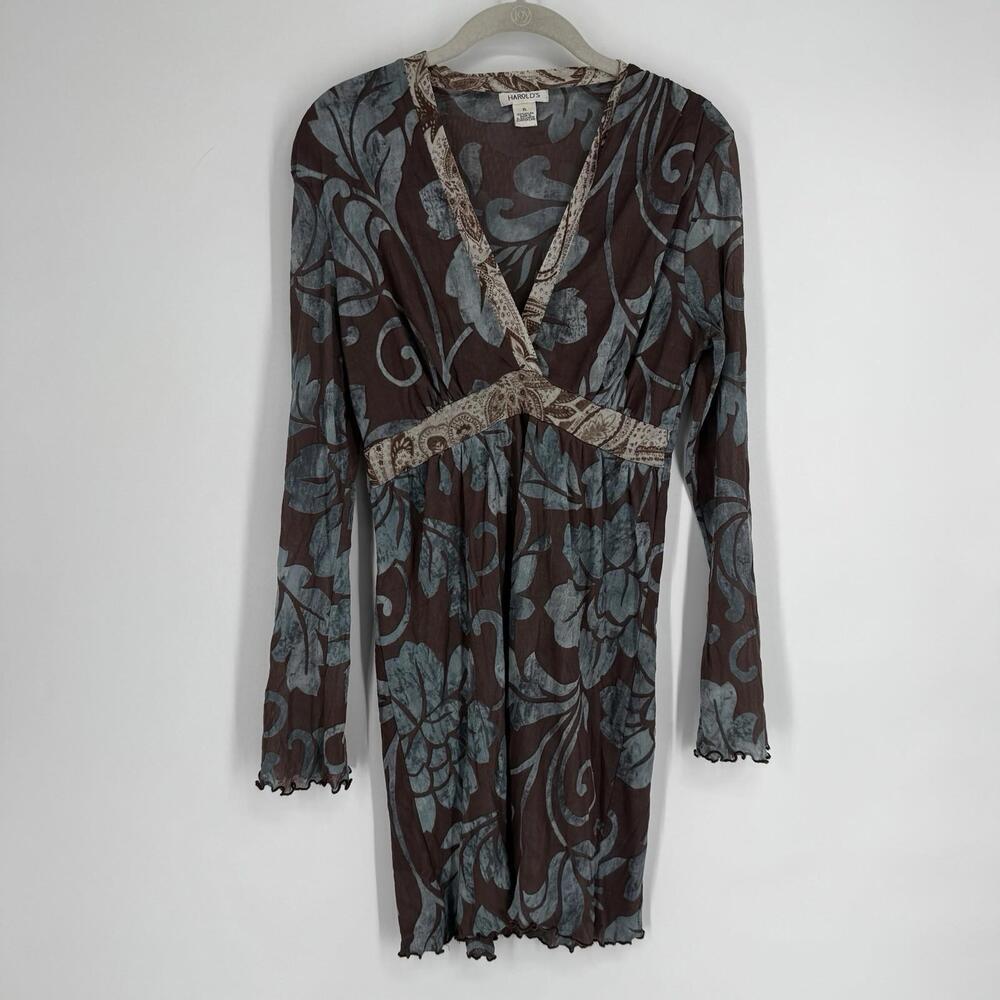 Vintage babydoll mini dress medium M brown blue lettuce hem sheer mesh rave fall